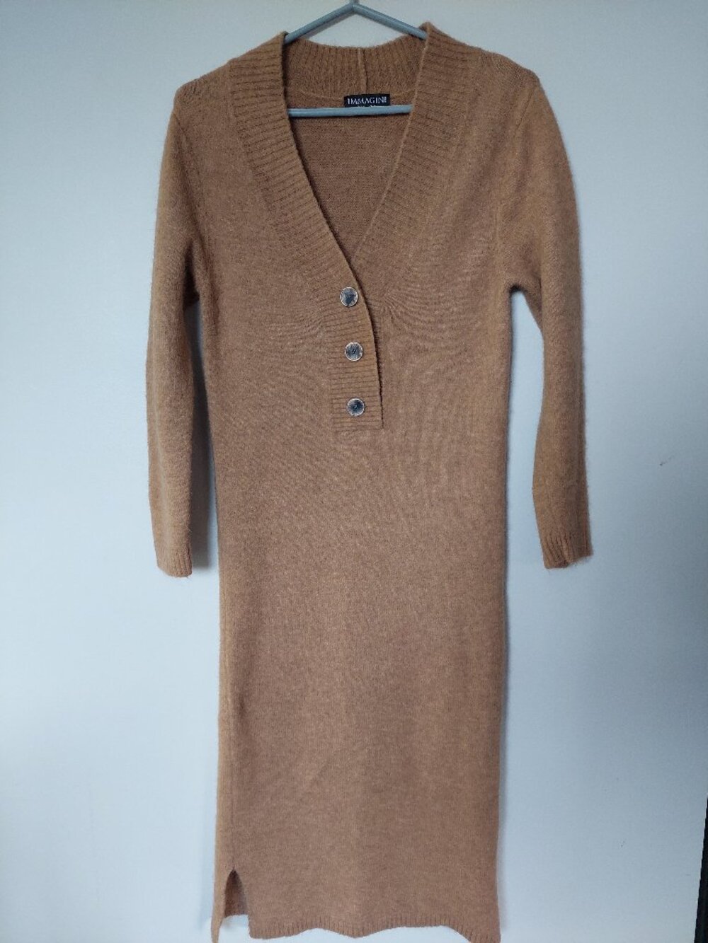 IMMAGINI Women's M/S Long-sleeve Henley Knit Sweater Dress Camel